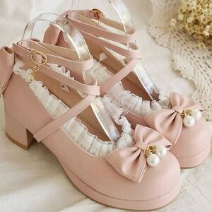 Elegant Pink Bow Women Shoes heels costume Halloween baby doll dress up